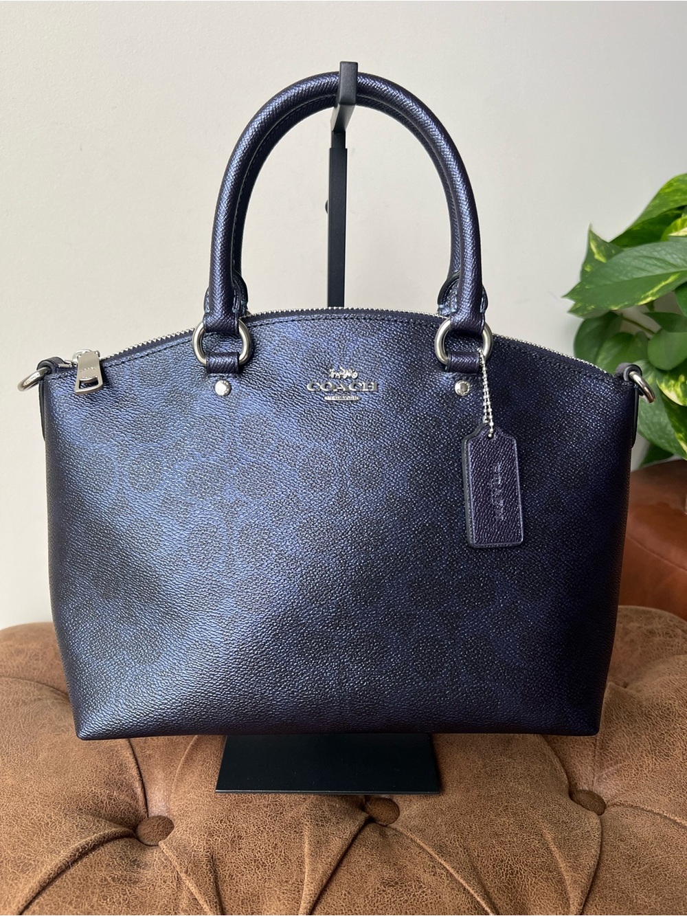 Coach Sadie Satchel Bag in Signature Canvas Metallic Navy